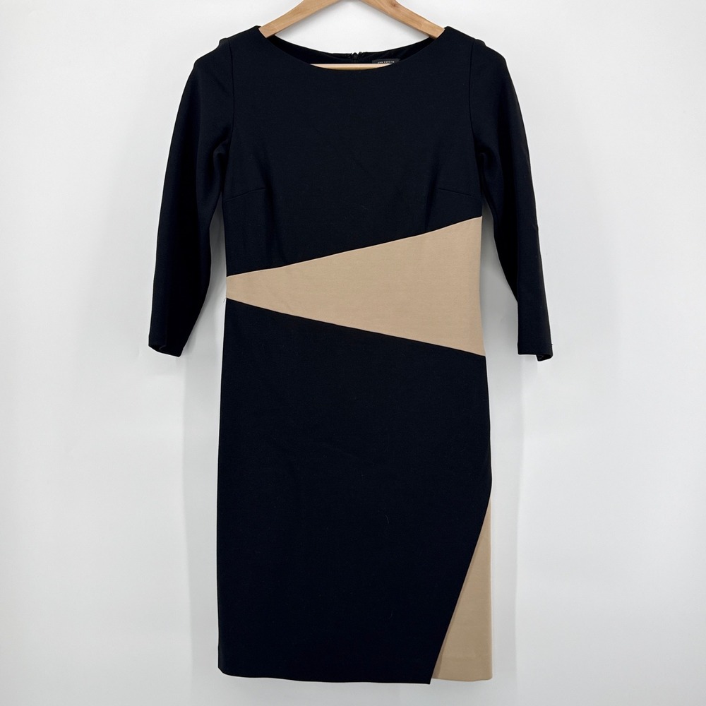 Ann Taylor Asymmetric Colorblock Ponte Sheath Dress Black‎ Tan 3/4 Sleeve Size 4